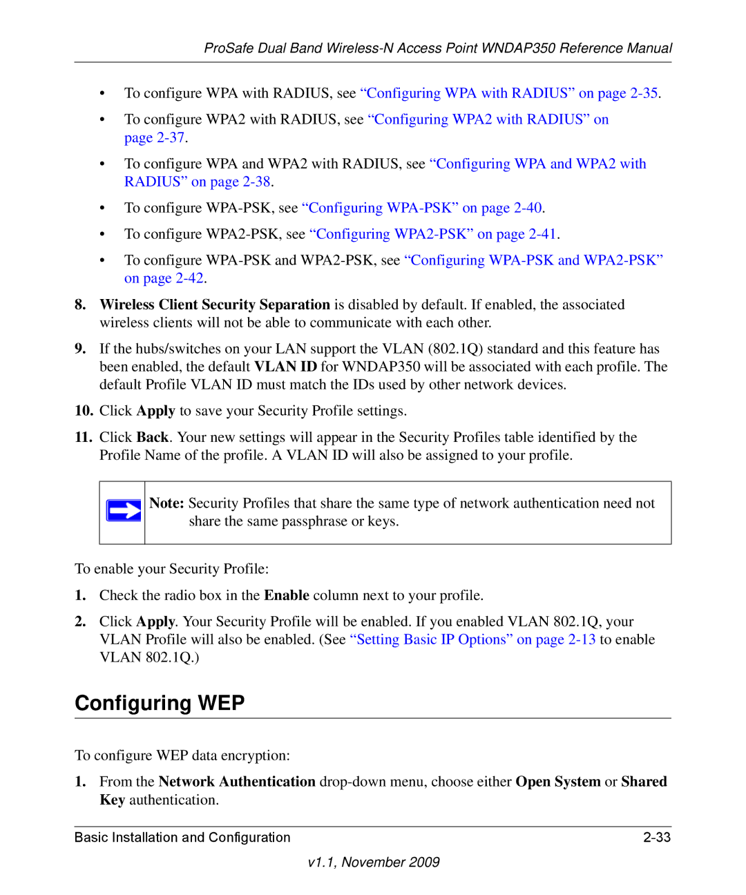 NETGEAR WNDAP350-100NAS manual Configuring WEP 