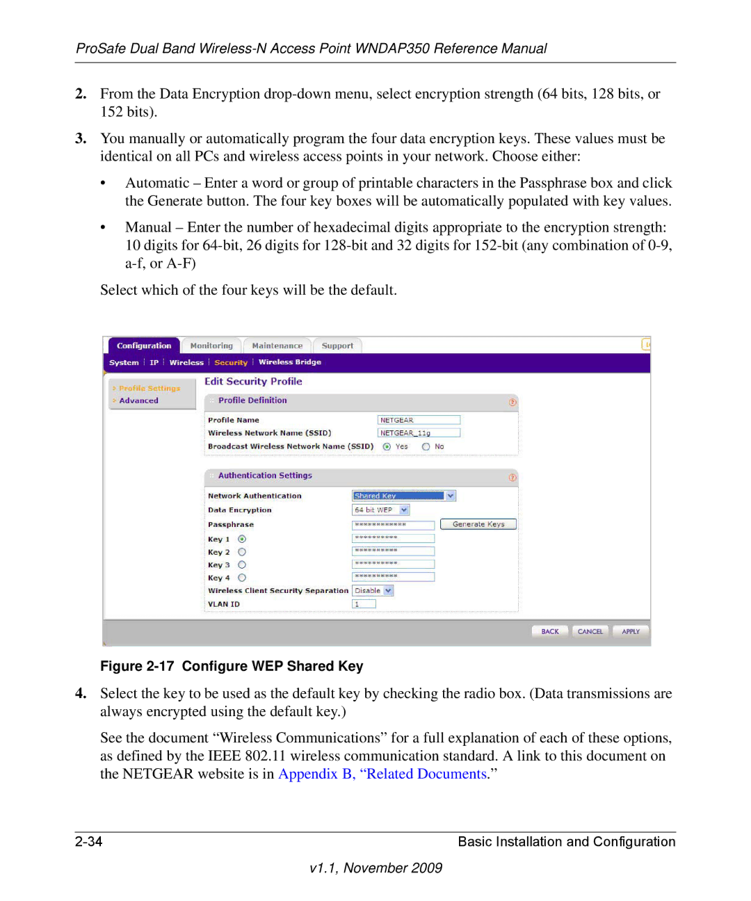 NETGEAR WNDAP350-100NAS manual Configure WEP Shared Key 