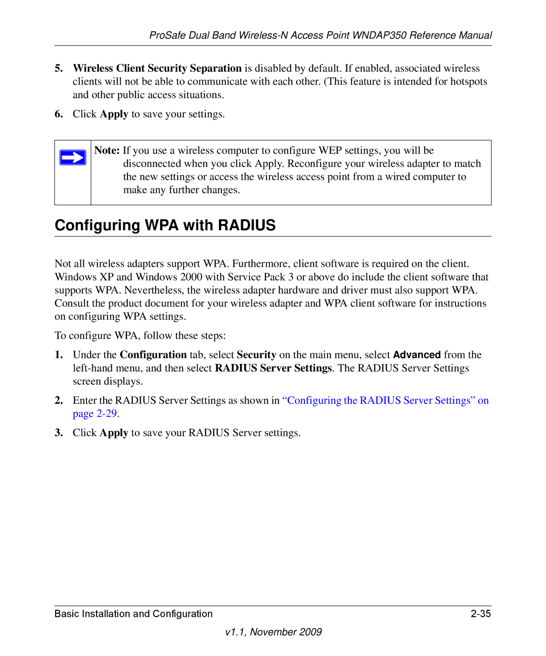 NETGEAR WNDAP350-100NAS manual Configuring WPA with Radius 