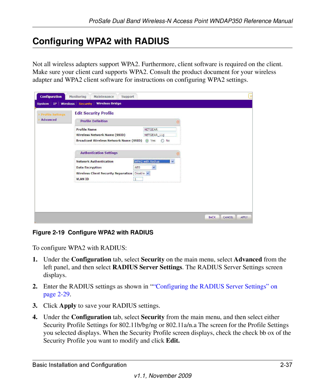 NETGEAR WNDAP350-100NAS manual Configuring WPA2 with Radius, Configure WPA2 with Radius 