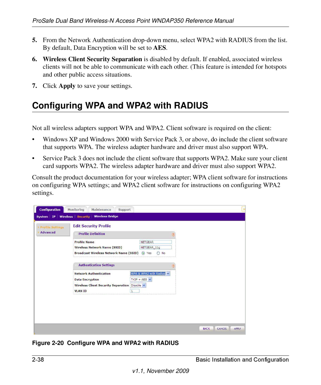 NETGEAR WNDAP350-100NAS manual Configuring WPA and WPA2 with Radius, Configure WPA and WPA2 with Radius 