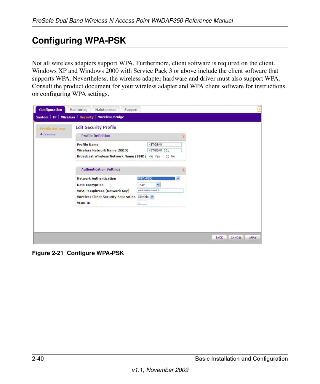 NETGEAR WNDAP350-100NAS manual Configuring WPA-PSK, Configure WPA-PSK 