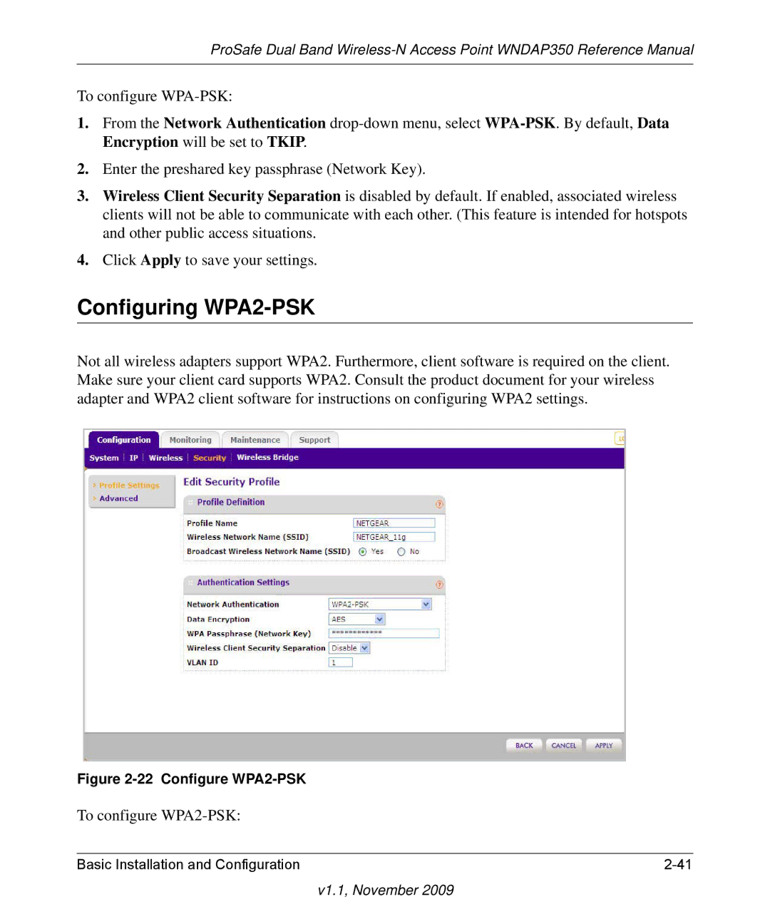 NETGEAR WNDAP350-100NAS manual Configuring WPA2-PSK, To configure WPA2-PSK 