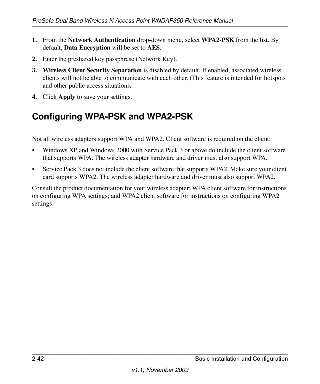 NETGEAR WNDAP350-100NAS manual Configuring WPA-PSK and WPA2-PSK 