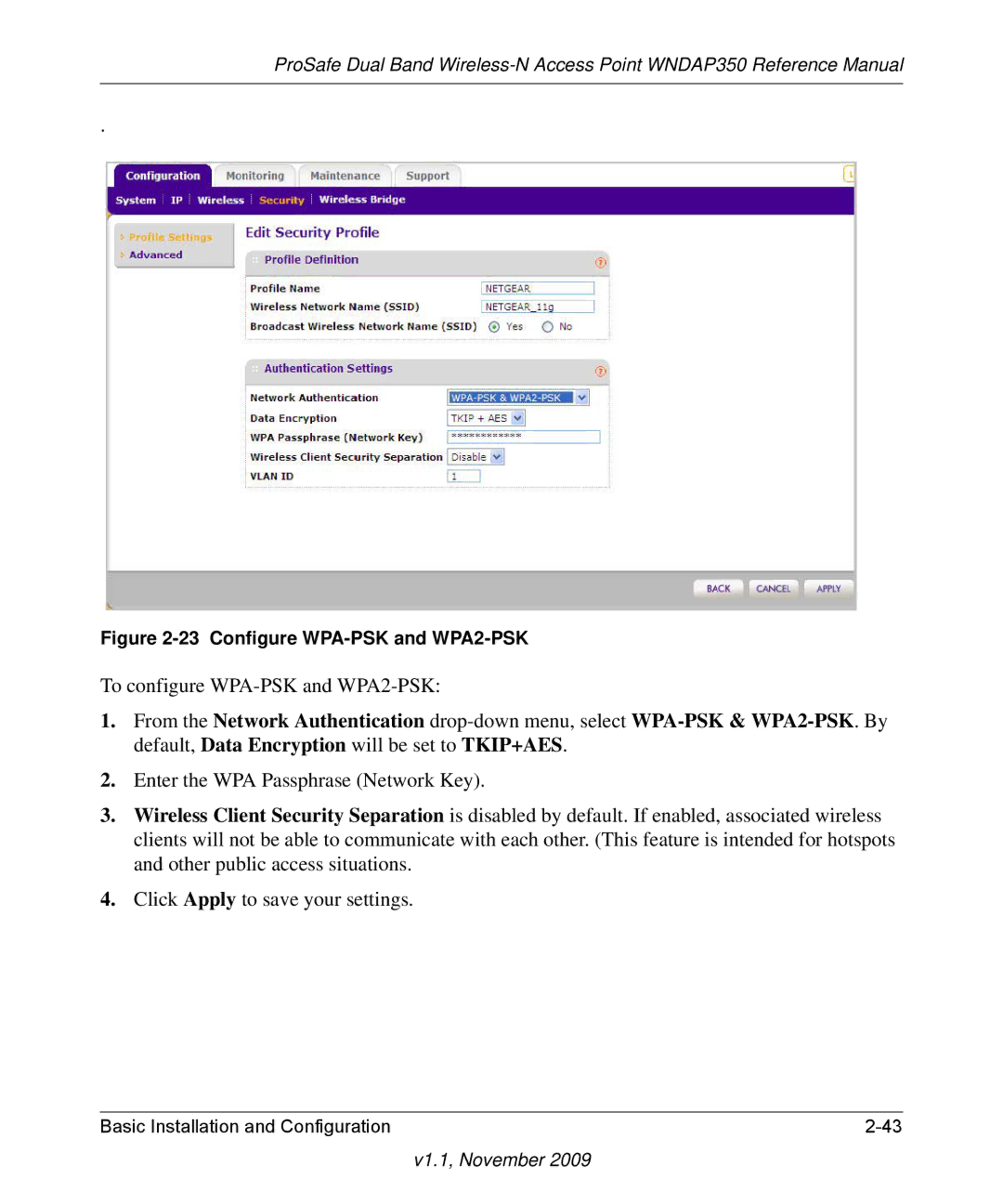 NETGEAR WNDAP350-100NAS manual To configure WPA-PSK and WPA2-PSK 