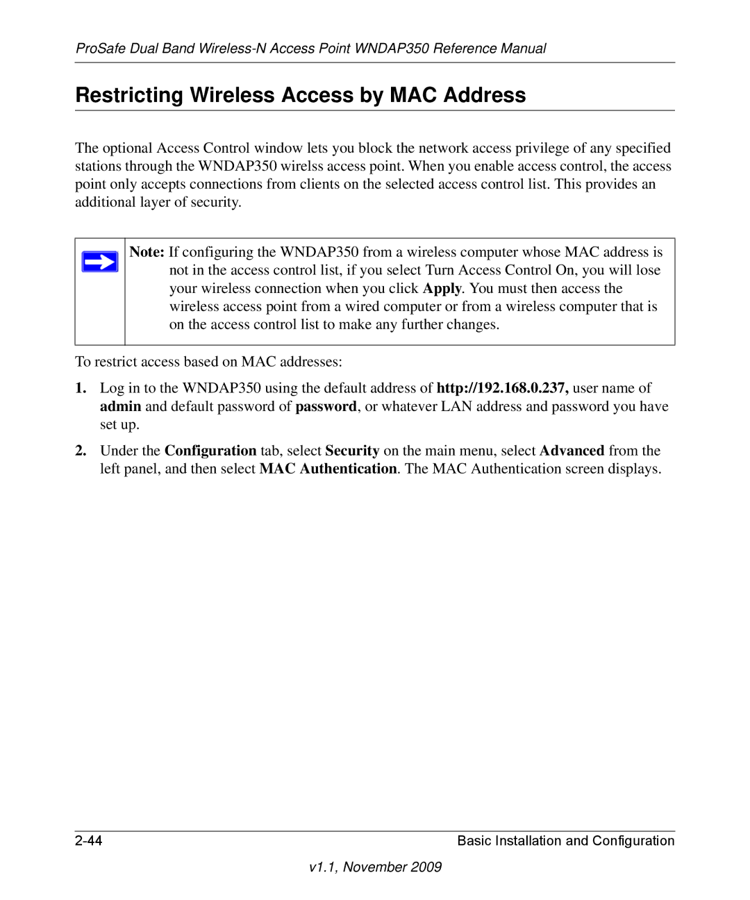 NETGEAR WNDAP350-100NAS manual Restricting Wireless Access by MAC Address 