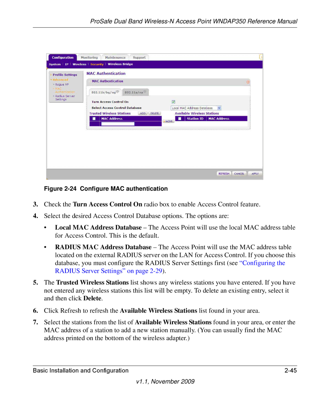 NETGEAR WNDAP350-100NAS manual Configure MAC authentication 