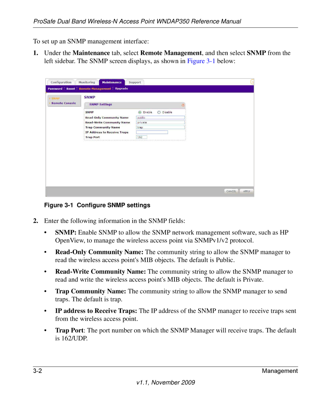 NETGEAR WNDAP350-100NAS manual Configure Snmp settings 