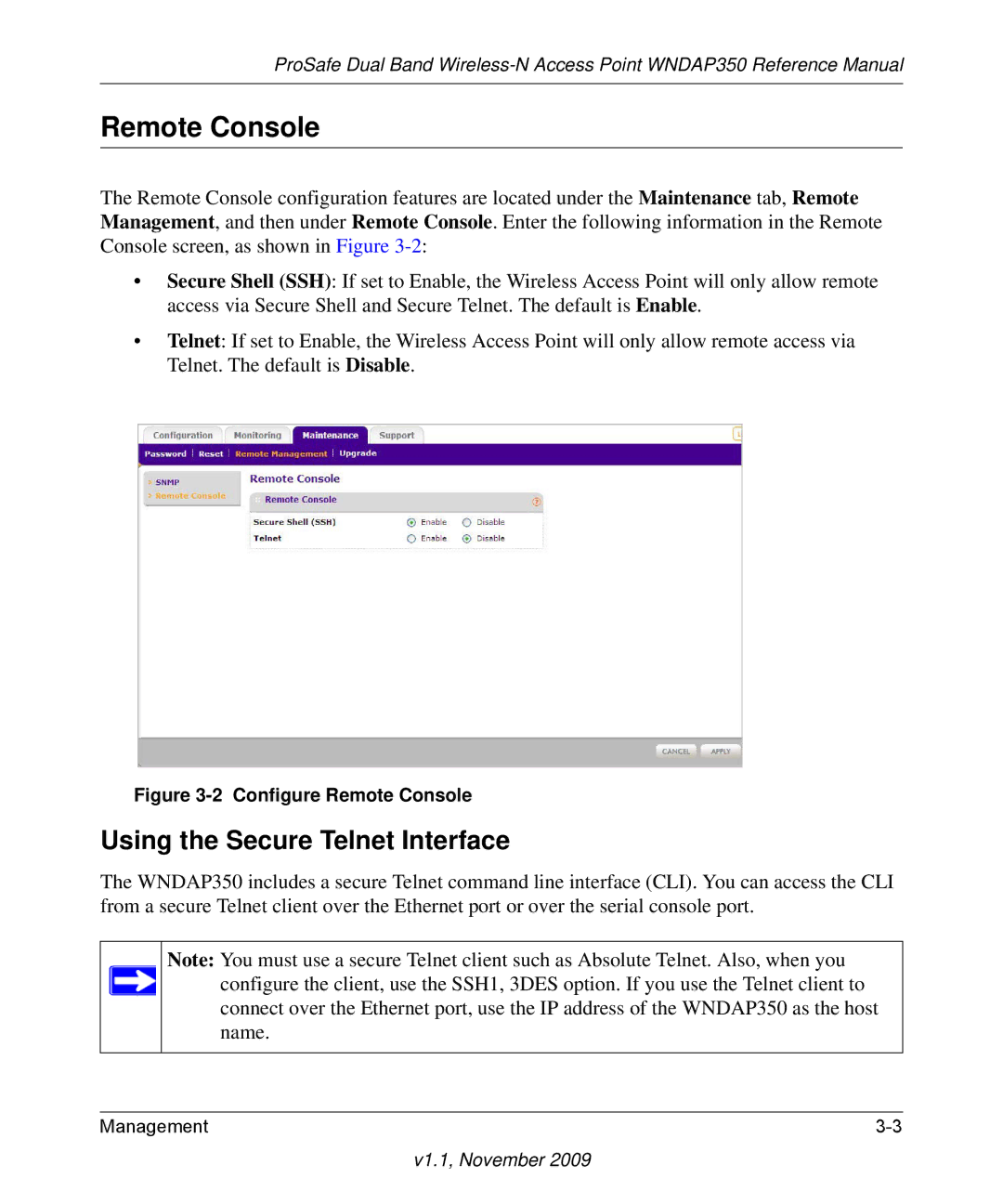 NETGEAR WNDAP350-100NAS manual Remote Console, Using the Secure Telnet Interface 