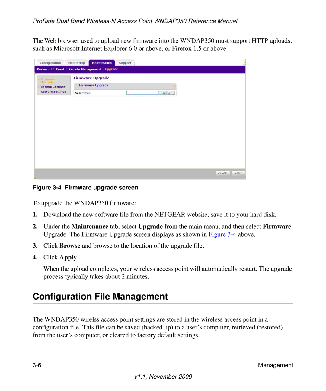 NETGEAR WNDAP350-100NAS manual Configuration File Management, Firmware upgrade screen 