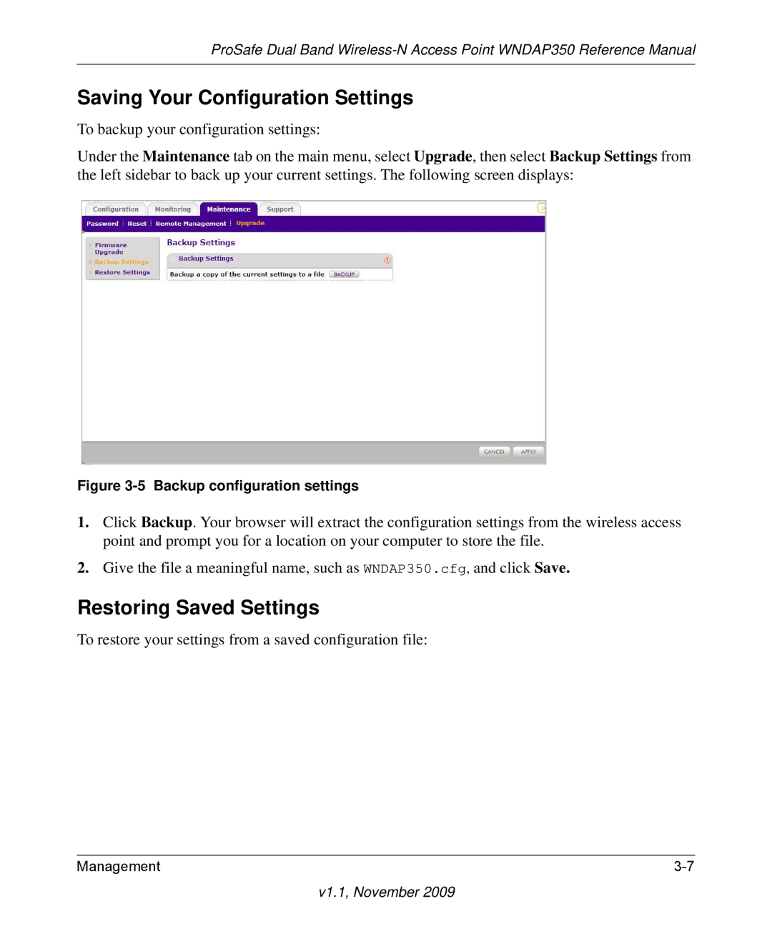 NETGEAR WNDAP350-100NAS manual Saving Your Configuration Settings, Restoring Saved Settings 