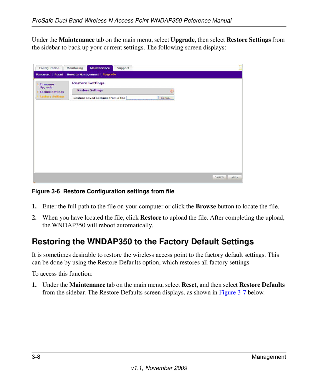 NETGEAR WNDAP350-100NAS Restoring the WNDAP350 to the Factory Default Settings, Restore Configuration settings from file 