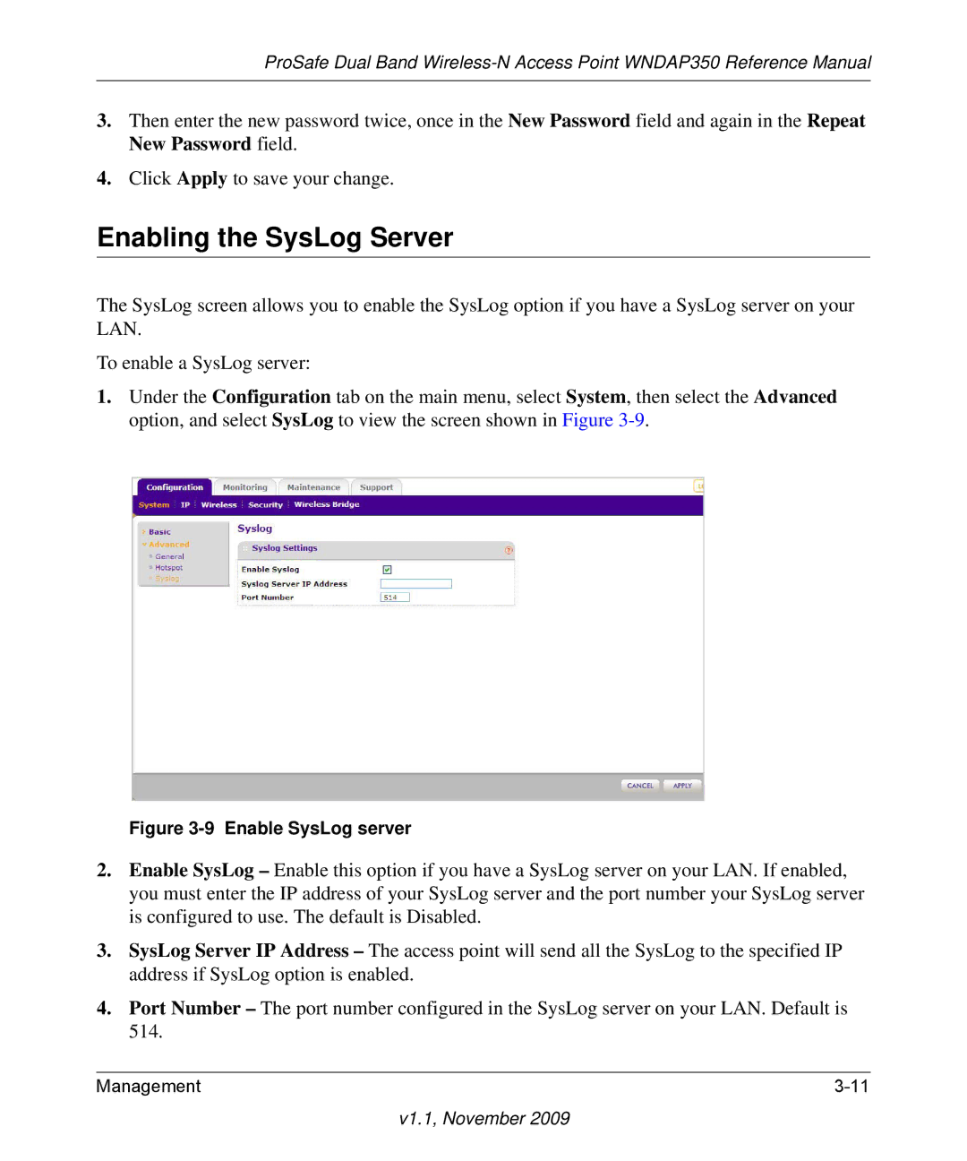 NETGEAR WNDAP350-100NAS manual Enabling the SysLog Server, Enable SysLog server 