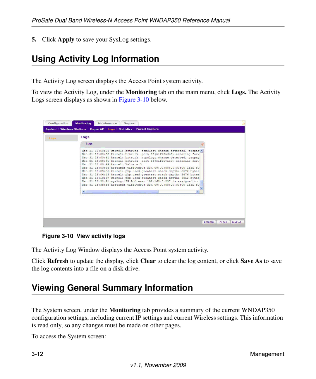 NETGEAR WNDAP350-100NAS manual Using Activity Log Information, Viewing General Summary Information 