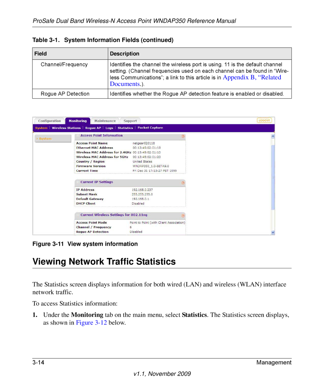 NETGEAR WNDAP350-100NAS manual Viewing Network Traffic Statistics, Field Description 