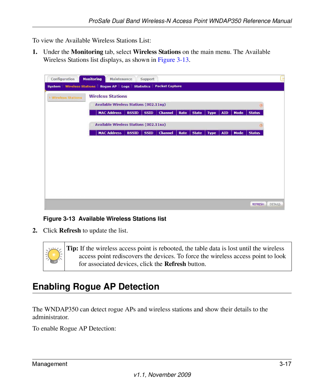 NETGEAR WNDAP350-100NAS manual Enabling Rogue AP Detection, Available Wireless Stations list 