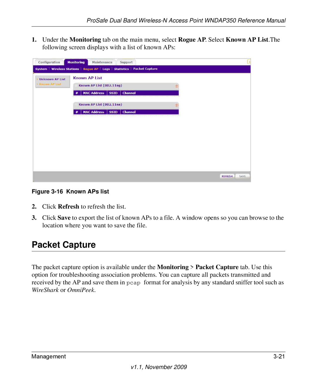 NETGEAR WNDAP350-100NAS manual Packet Capture, Known APs list 