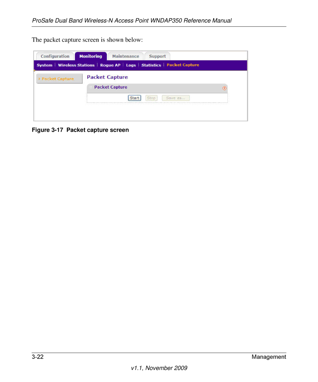 NETGEAR WNDAP350-100NAS manual Packet capture screen is shown below 