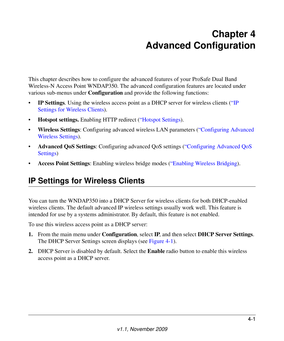 NETGEAR WNDAP350-100NAS manual Chapter Advanced Configuration, IP Settings for Wireless Clients 