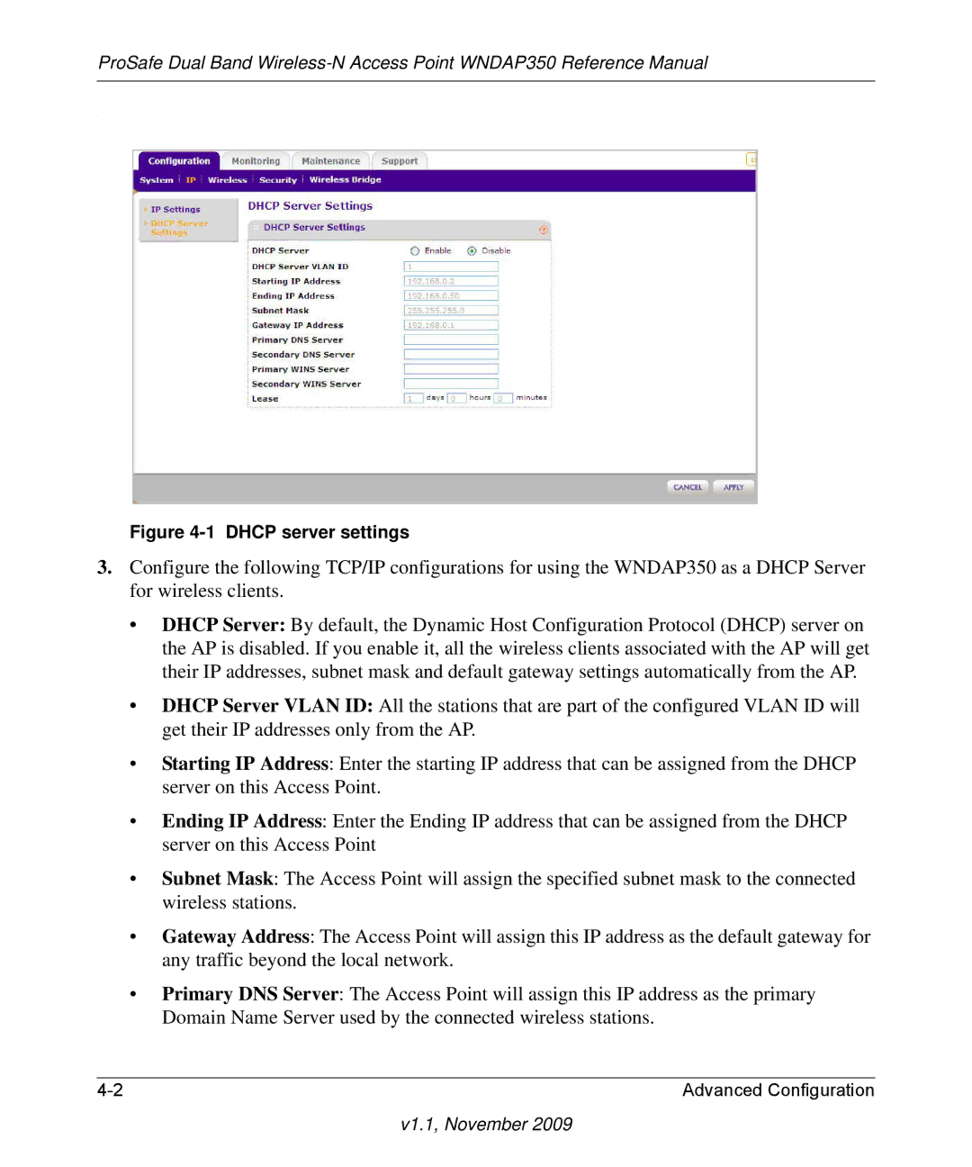 NETGEAR WNDAP350-100NAS manual Dhcp server settings 