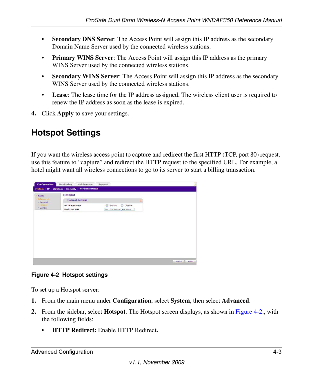 NETGEAR WNDAP350-100NAS manual Hotspot Settings, Hotspot settings 