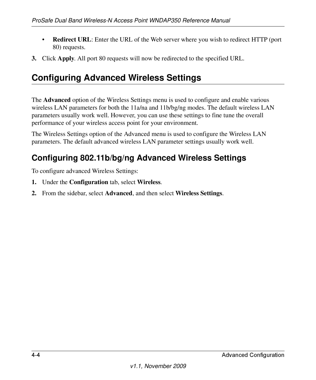 NETGEAR WNDAP350-100NAS manual Configuring Advanced Wireless Settings, Configuring 802.11b/bg/ng Advanced Wireless Settings 