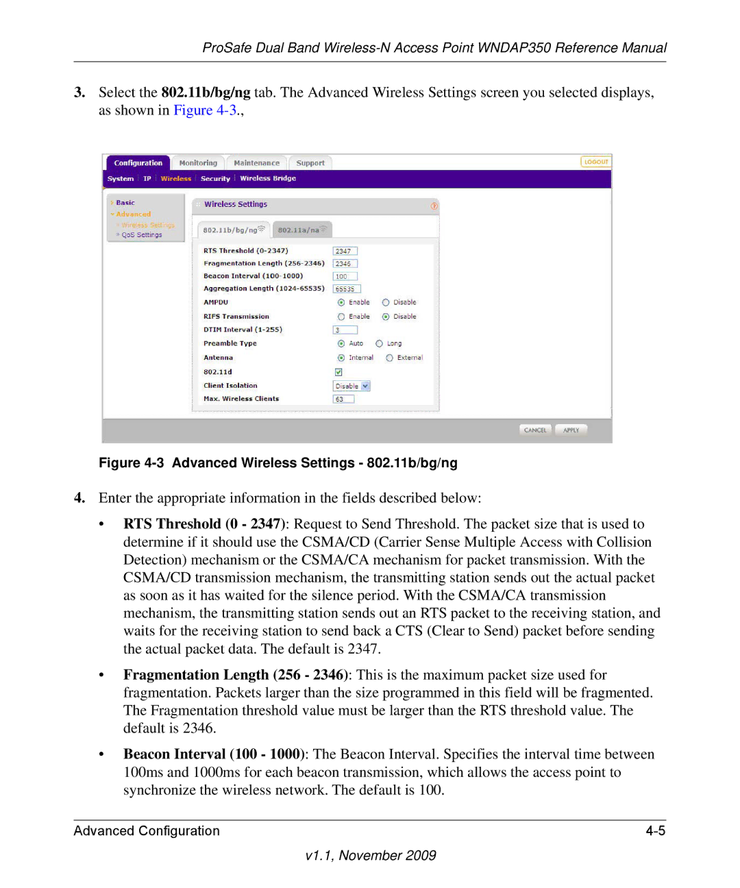 NETGEAR WNDAP350-100NAS manual Advanced Wireless Settings 802.11b/bg/ng 