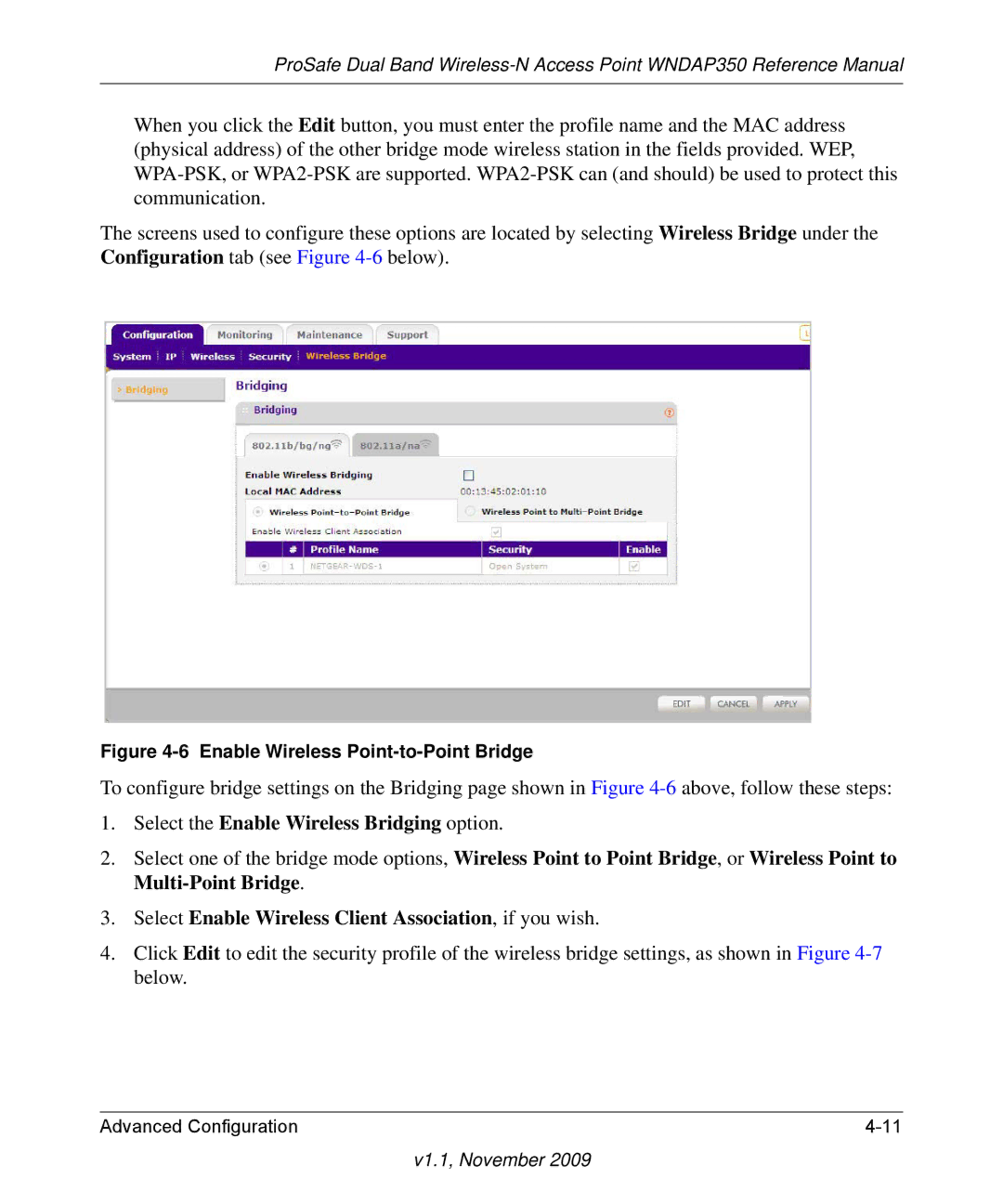 NETGEAR WNDAP350-100NAS manual Enable Wireless Point-to-Point Bridge 