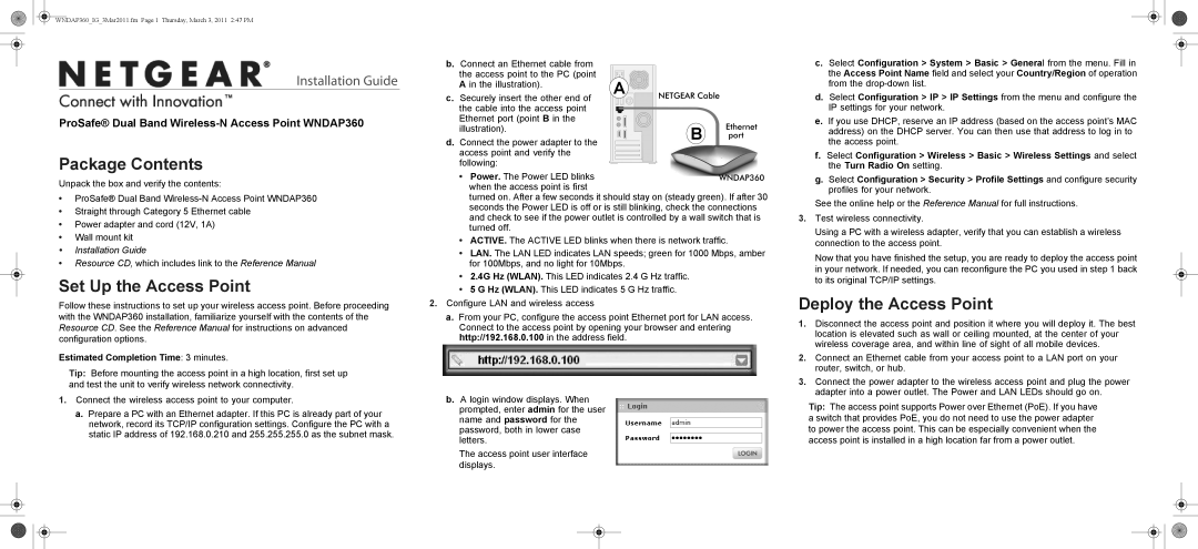 NETGEAR WNDAP360-100NAS manual Package Contents, Set Up the Access Point, Deploy the Access Point 