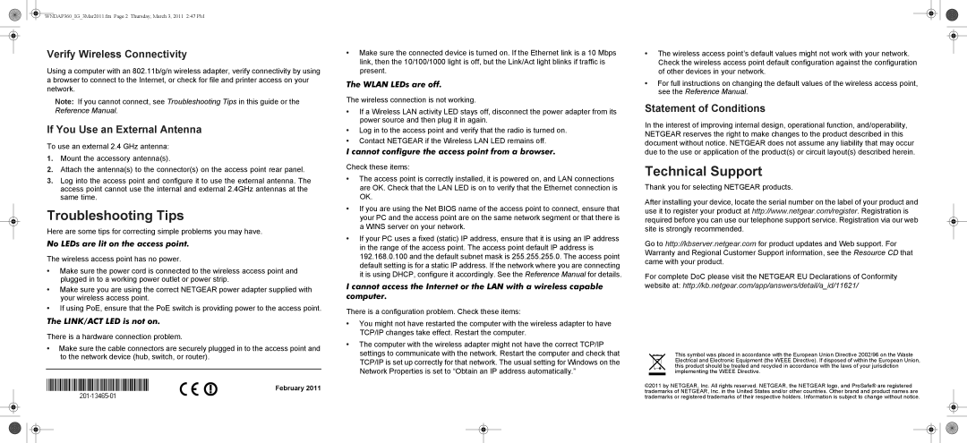 NETGEAR WNDAP360-100NAS Troubleshooting Tips, Technical Support, Verify Wireless Connectivity, Statement of Conditions 