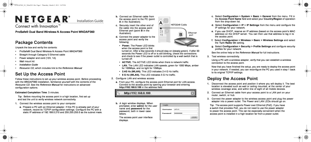 NETGEAR WNDAP360-100NAS manual Package Contents, Set Up the Access Point, Deploy the Access Point, Installation Guide 