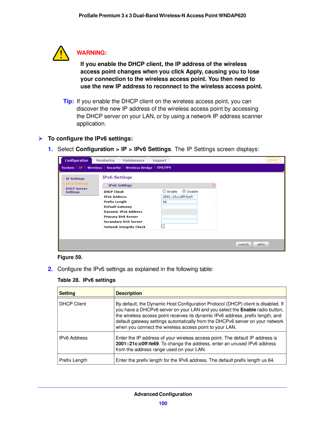 NETGEAR WNDAP620 manual  To configure the IPv6 settings, Advanced Configuration, 100 