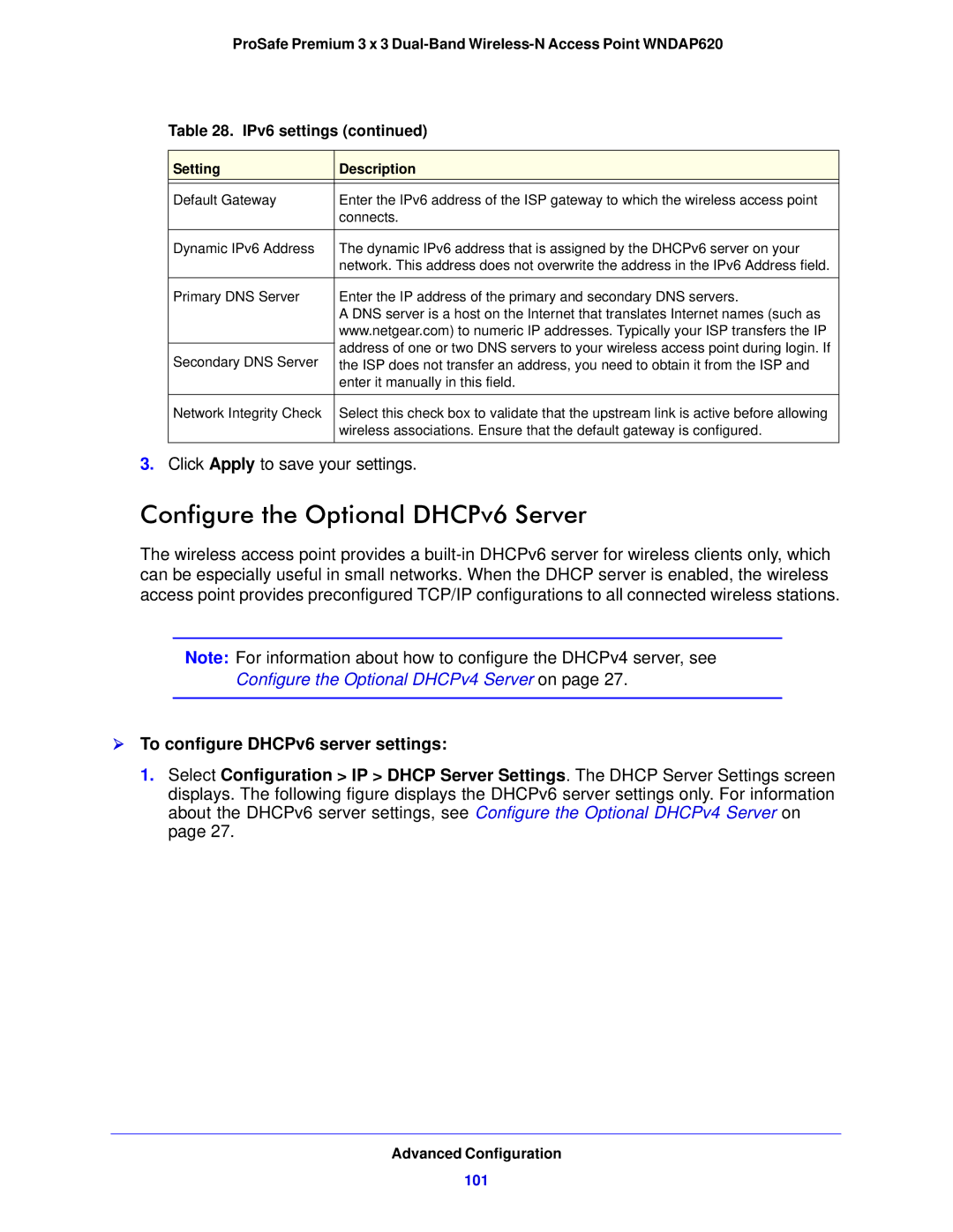 NETGEAR WNDAP620 manual Configure the Optional DHCPv6 Server,  To configure DHCPv6 server settings, 101 