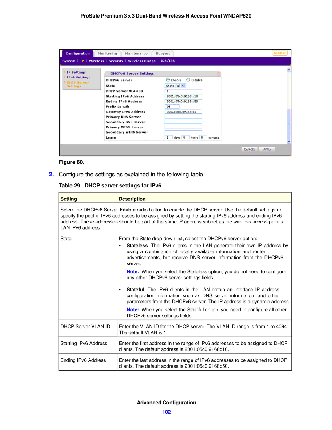 NETGEAR WNDAP620 manual Dhcp server settings for IPv6, 102 