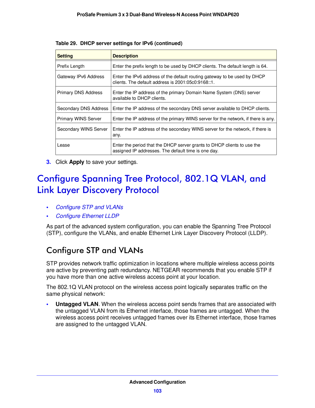 NETGEAR WNDAP620 manual Configure STP and VLANs, 103 