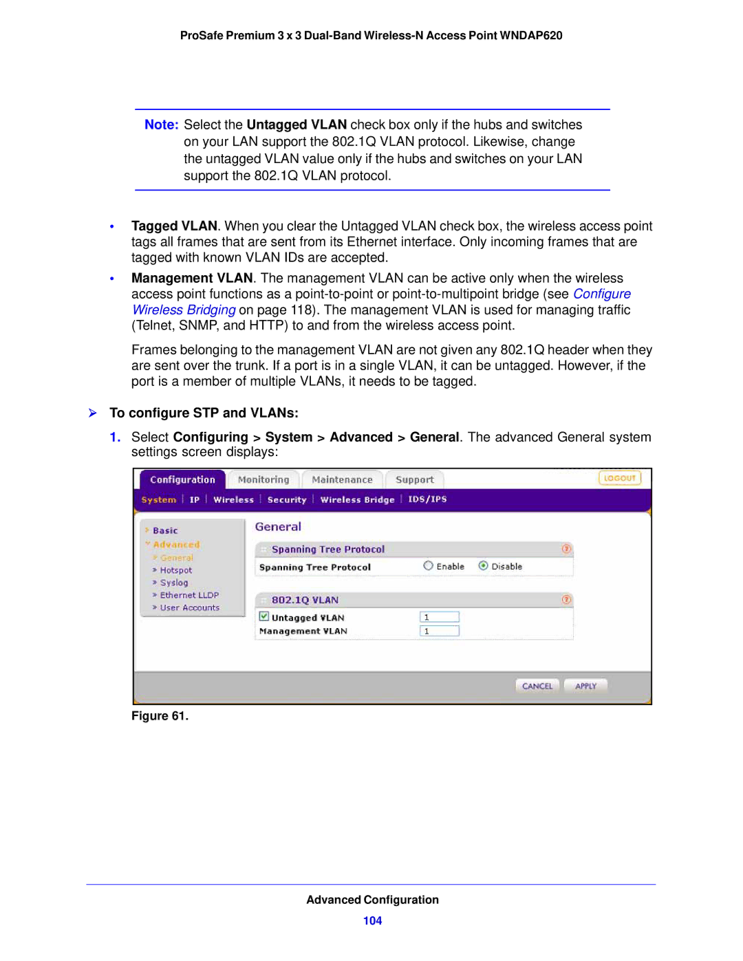 NETGEAR WNDAP620 manual  To configure STP and VLANs, 104 