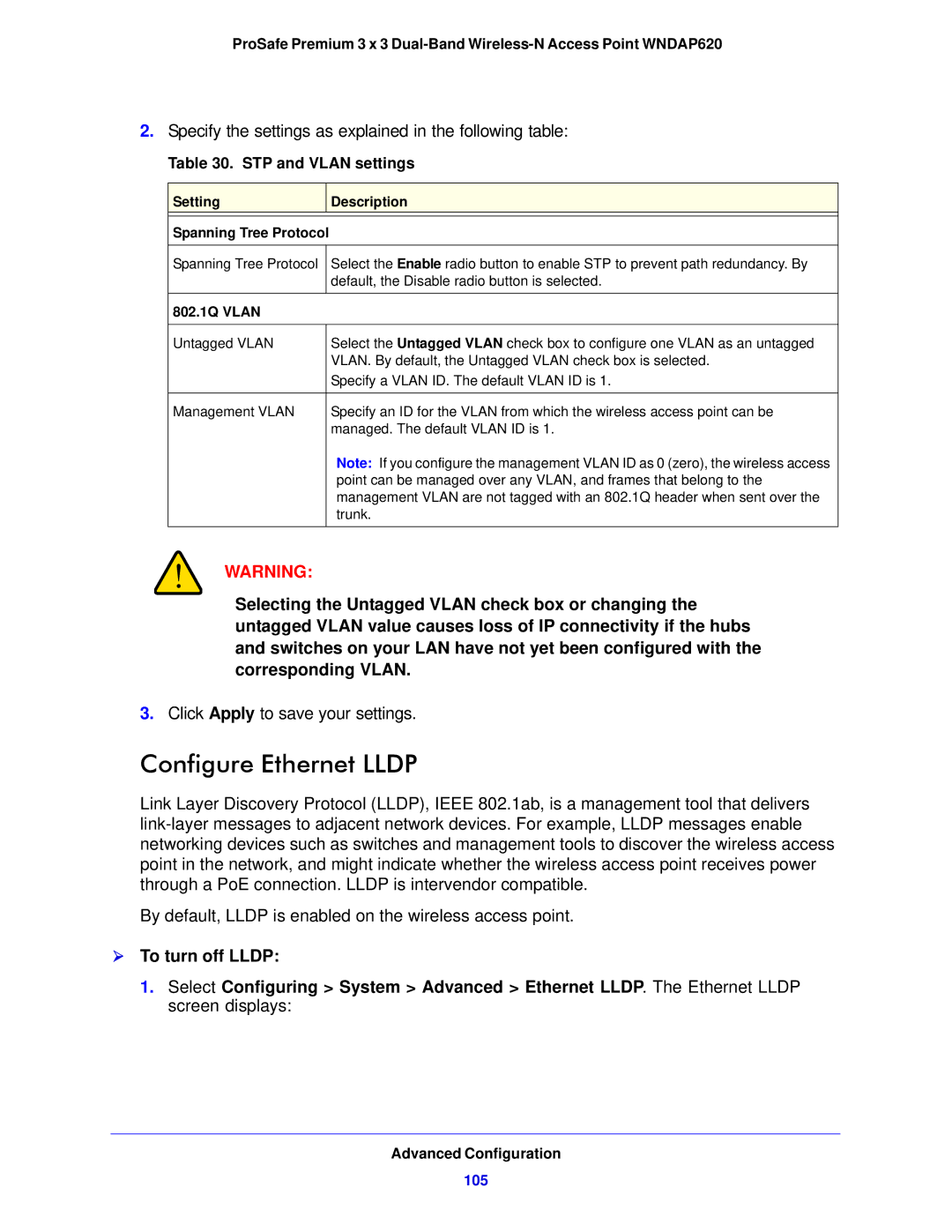 NETGEAR WNDAP620 manual Configure Ethernet Lldp,  To turn off Lldp, STP and Vlan settings, 105 