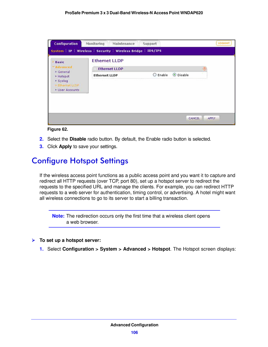 NETGEAR WNDAP620 manual Configure Hotspot Settings, 106 