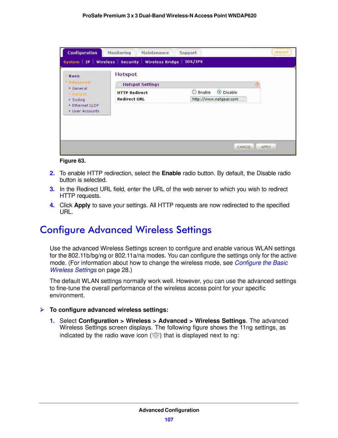 NETGEAR WNDAP620 manual Configure Advanced Wireless Settings,  To configure advanced wireless settings, 107 