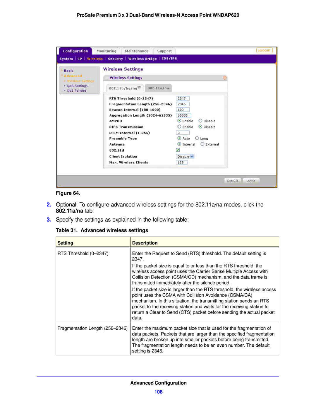 NETGEAR WNDAP620 manual Advanced wireless settings, 108 