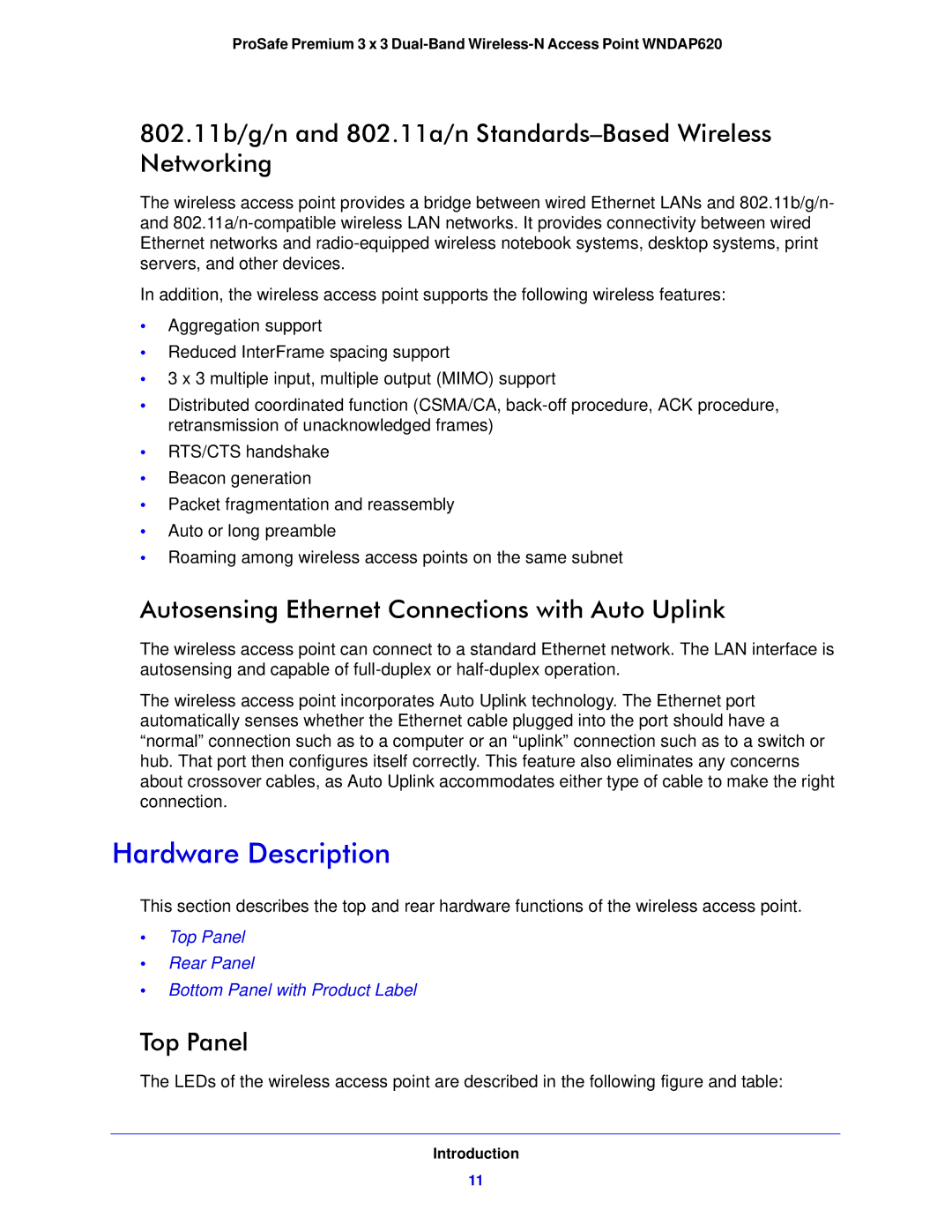 NETGEAR WNDAP620 manual Hardware Description, Autosensing Ethernet Connections with Auto Uplink, Top Panel 