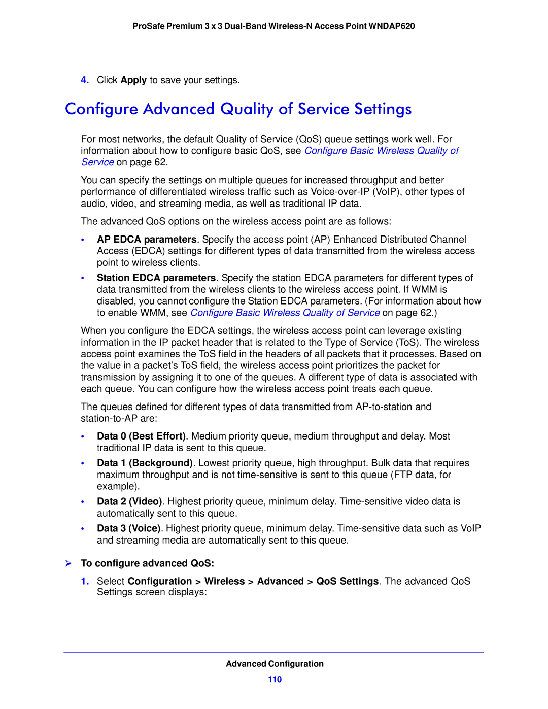 NETGEAR WNDAP620 manual Configure Advanced Quality of Service Settings,  To configure advanced QoS, 110 