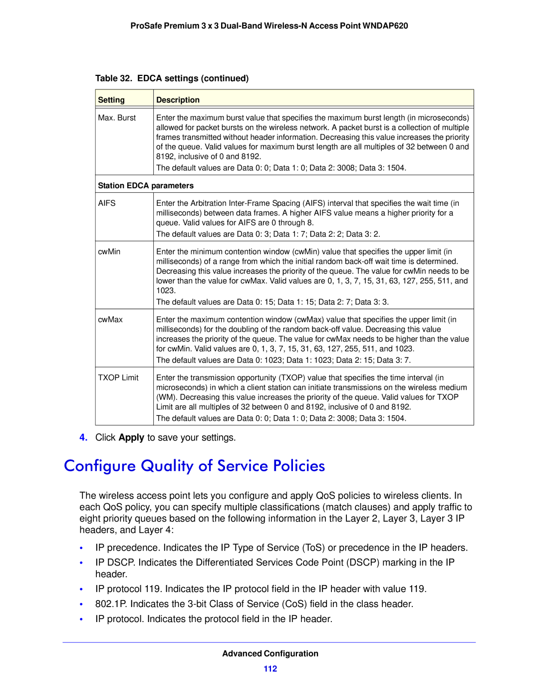 NETGEAR WNDAP620 manual Configure Quality of Service Policies, 112, Station Edca parameters 