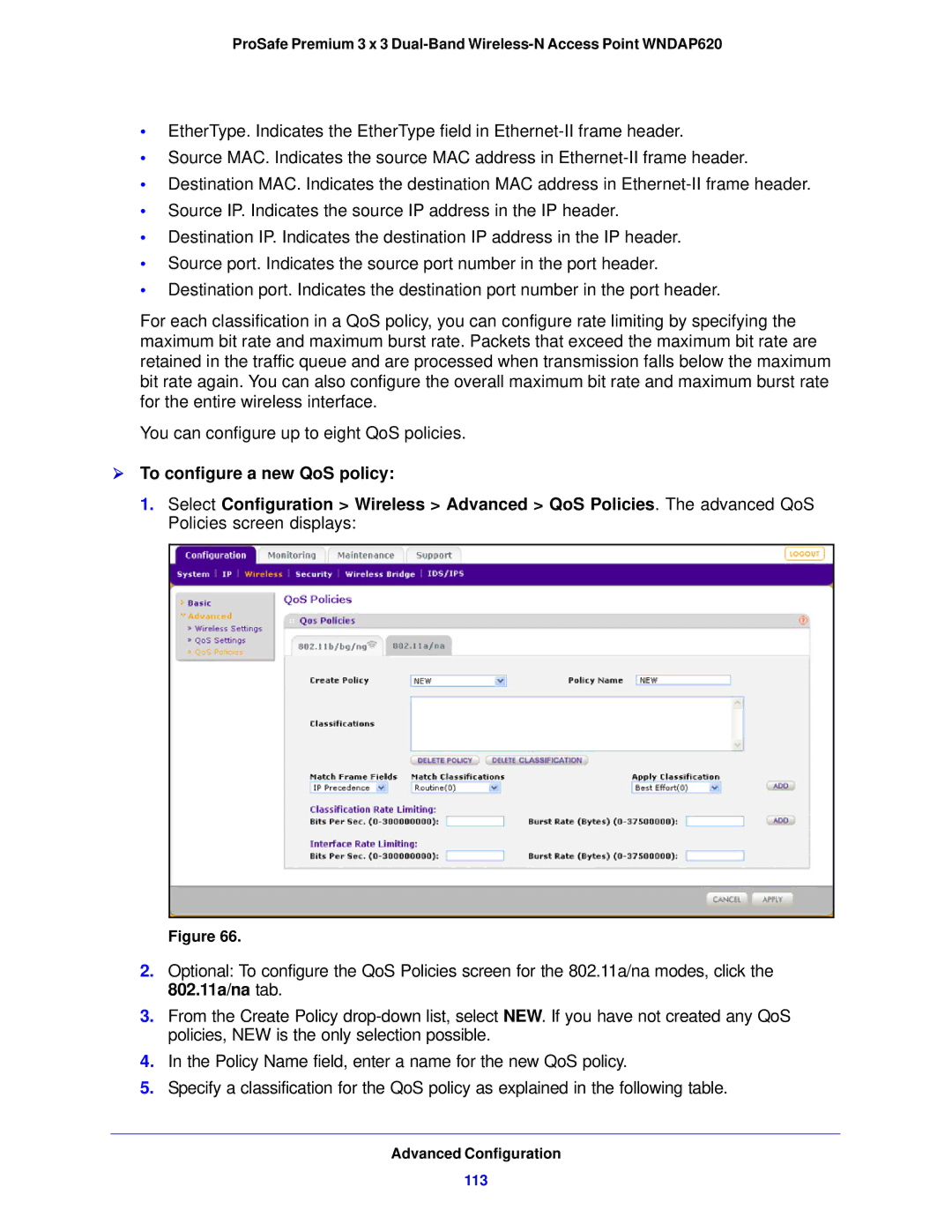 NETGEAR WNDAP620 manual  To configure a new QoS policy, 113 