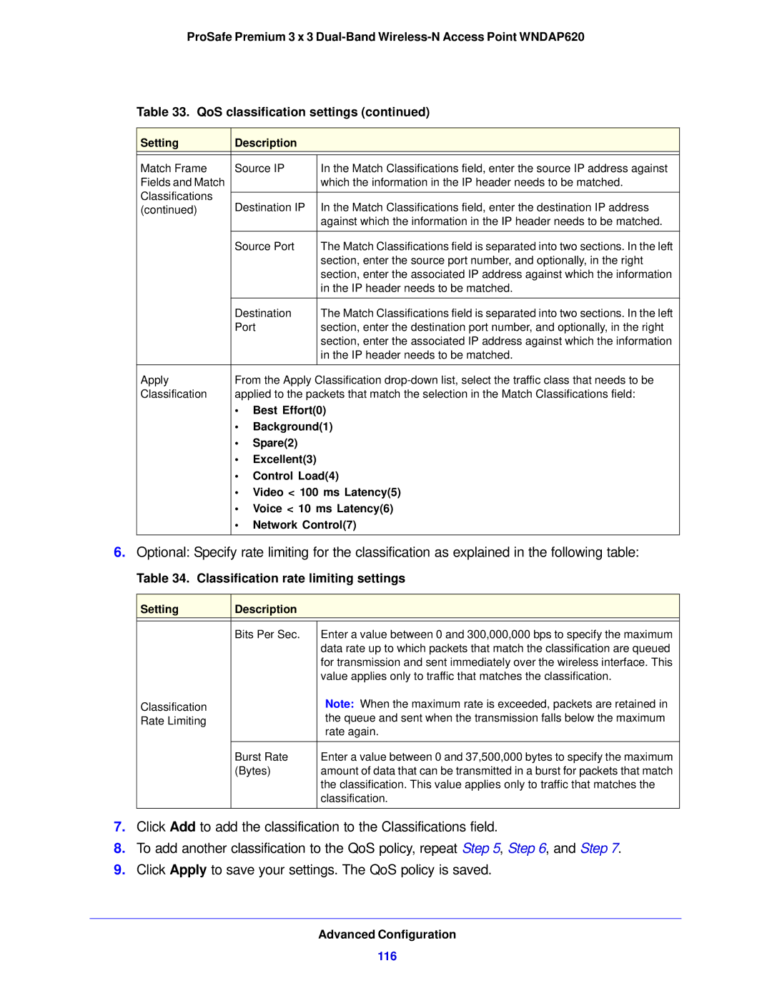 NETGEAR WNDAP620 manual Classification rate limiting settings, 116, Best Effort0, Background1 