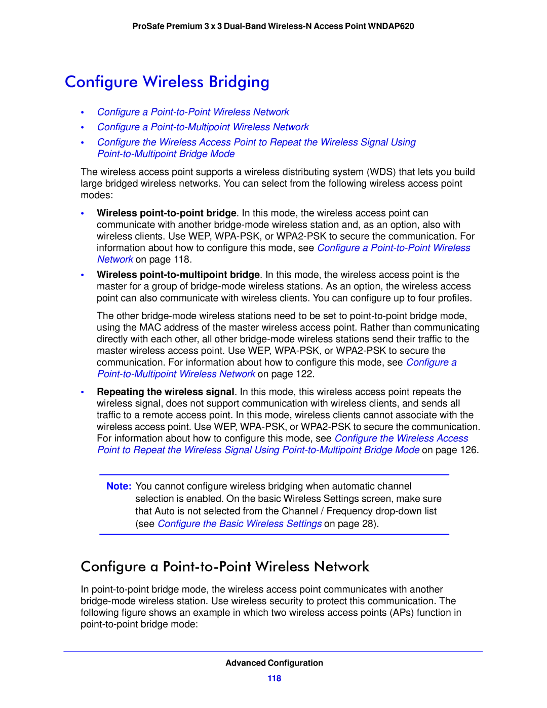 NETGEAR WNDAP620 manual Configure Wireless Bridging, Configure a Point-to-Point Wireless Network, 118 