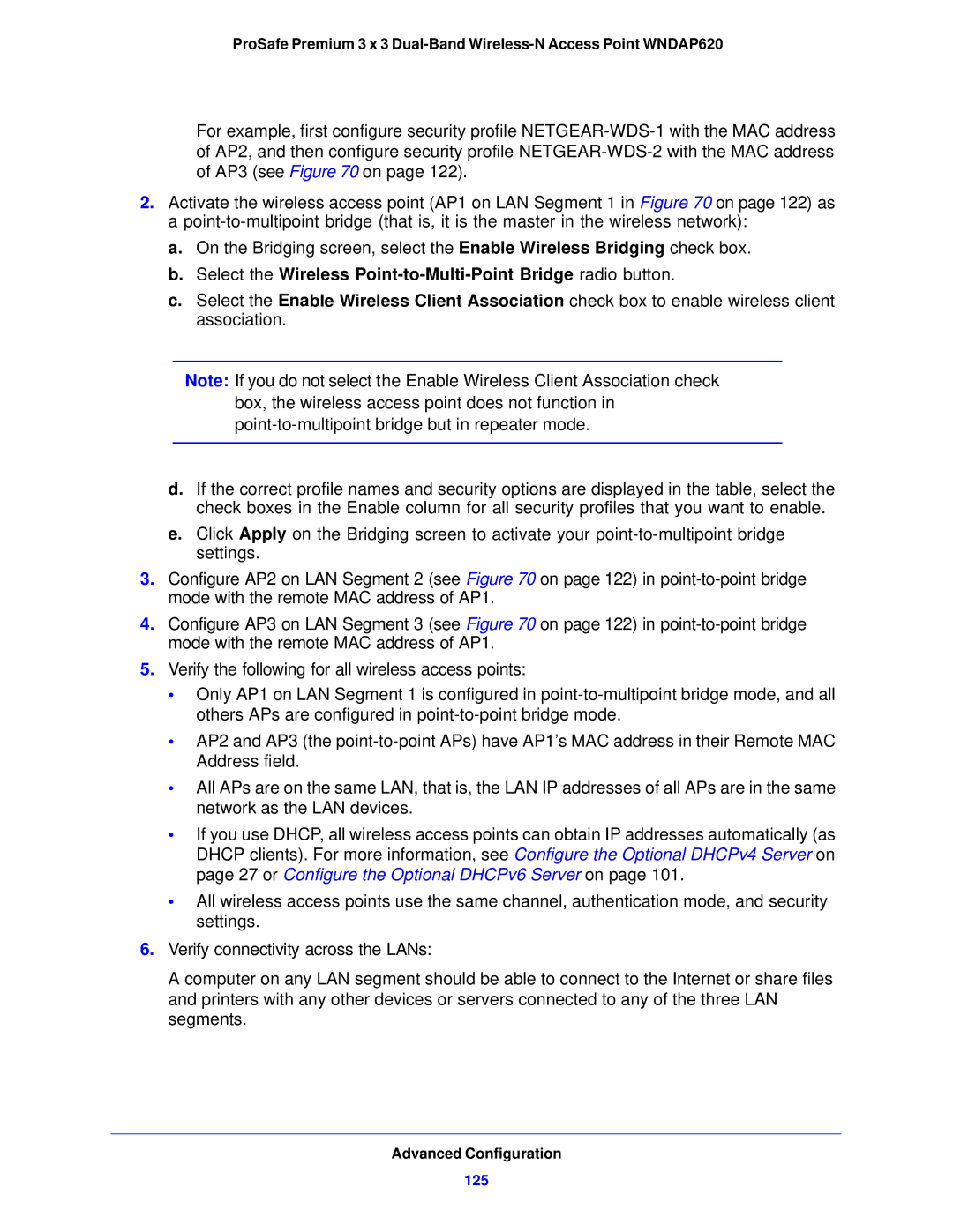 NETGEAR WNDAP620 manual Select the Wireless Point-to-Multi-Point Bridge radio button, 125 