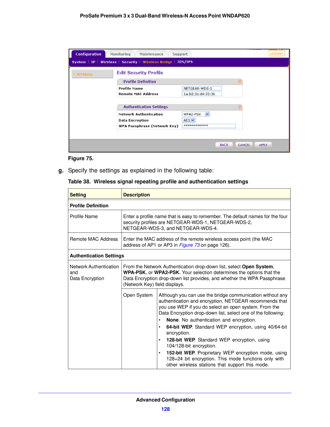 NETGEAR WNDAP620 manual 128, Setting Description Profile Definition 