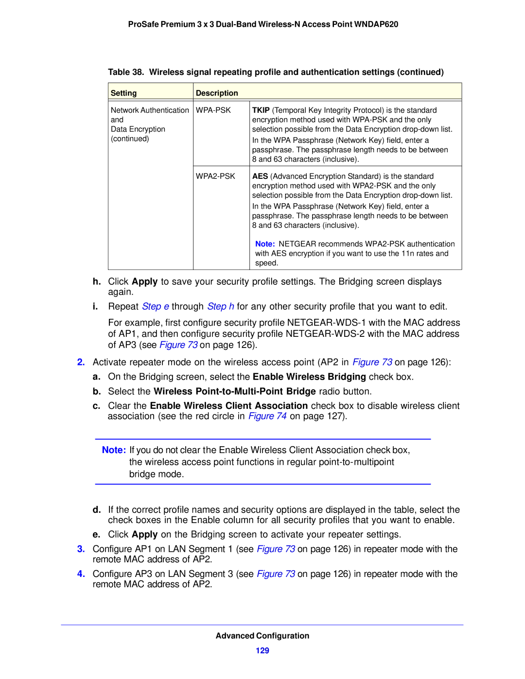 NETGEAR WNDAP620 manual 129, Setting Description 