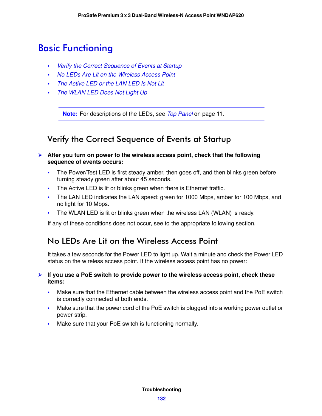 NETGEAR WNDAP620 manual Basic Functioning, Verify the Correct Sequence of Events at Startup, Troubleshooting, 132 